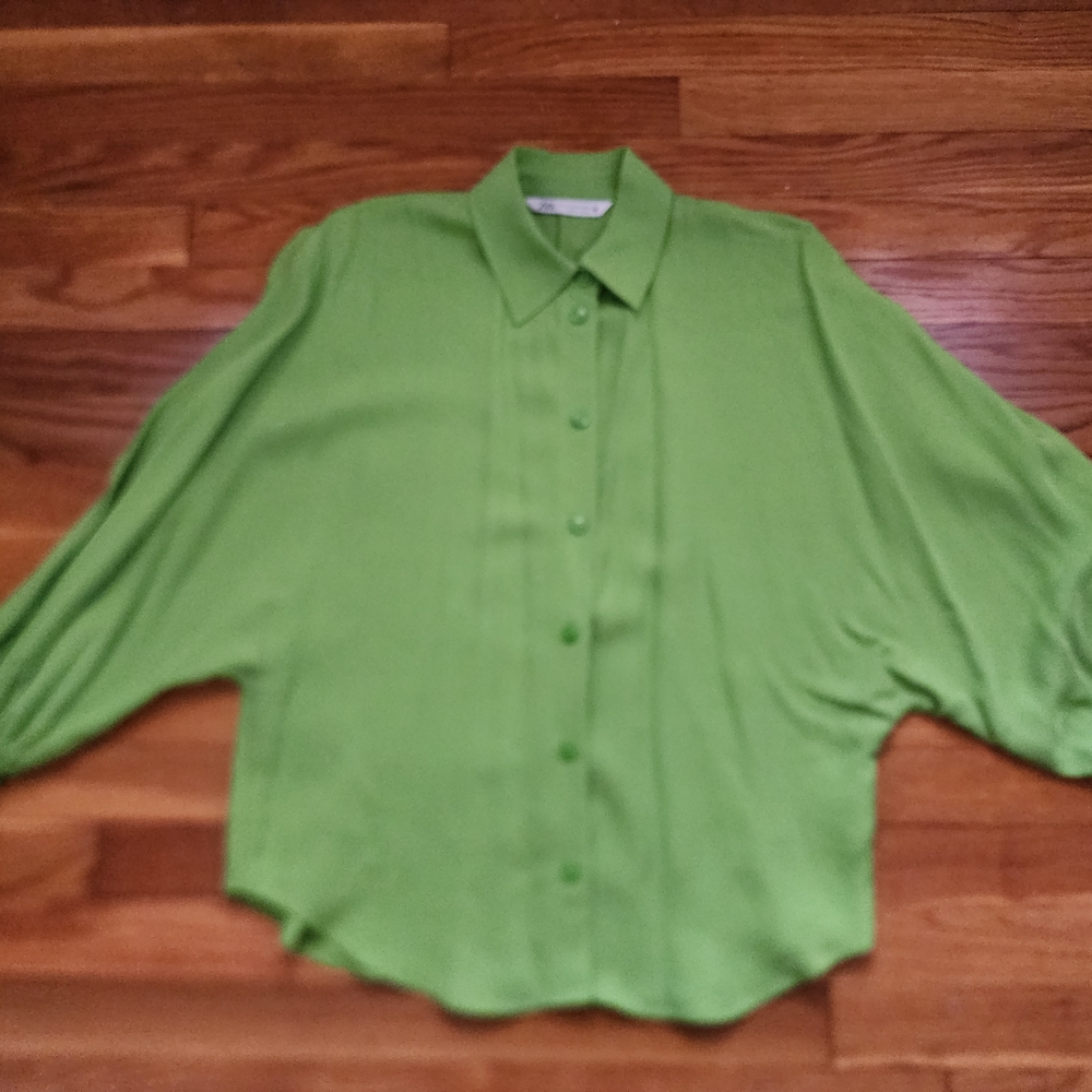 Zara Green Boxy Button Down with Dolman Sleeves